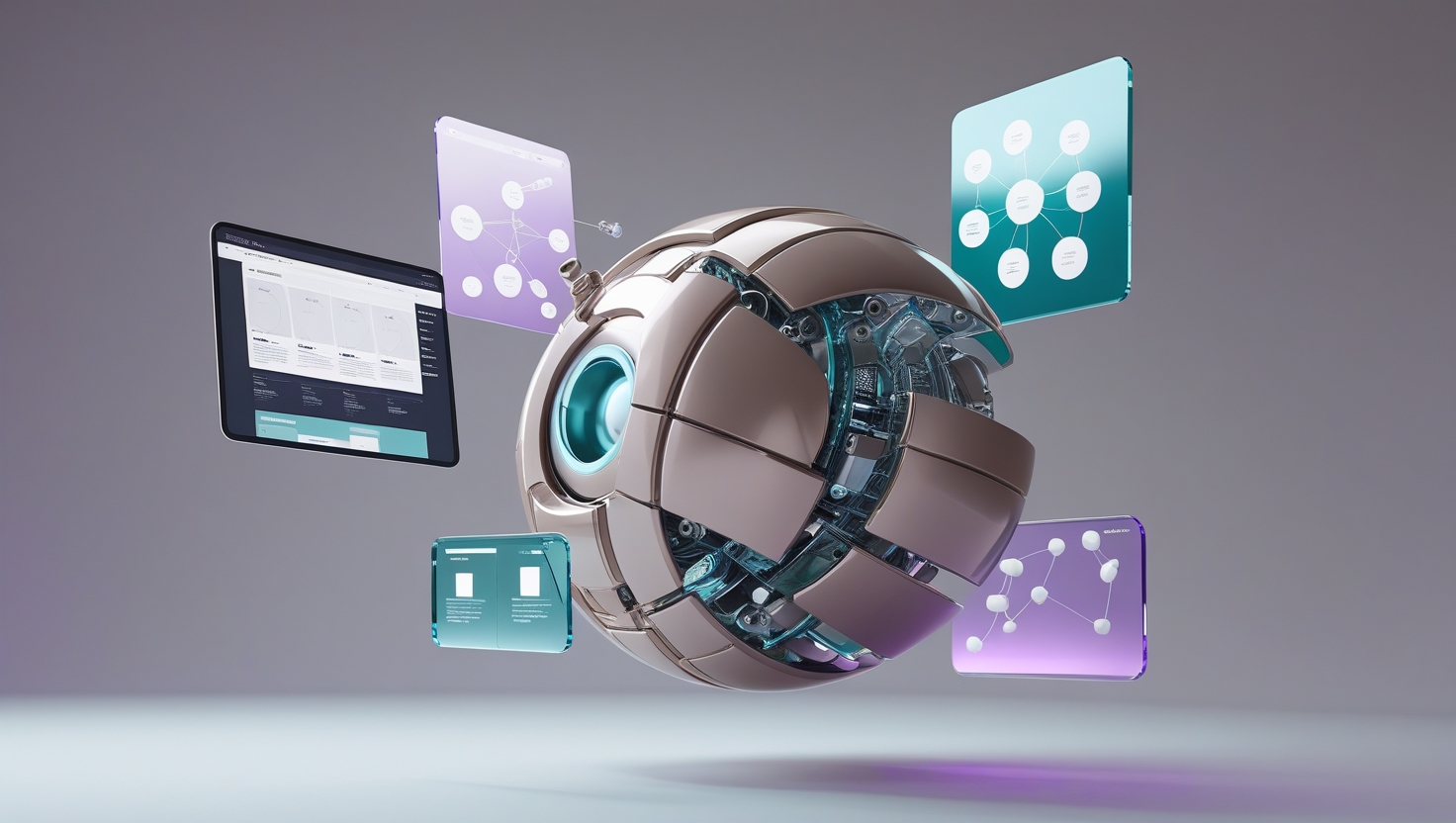 Futuristic robotic eye at the centre of systems on digital displays.