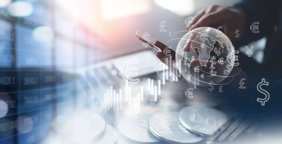 Digital image of a hand holding a clear sphere with data and money symbols floating inside